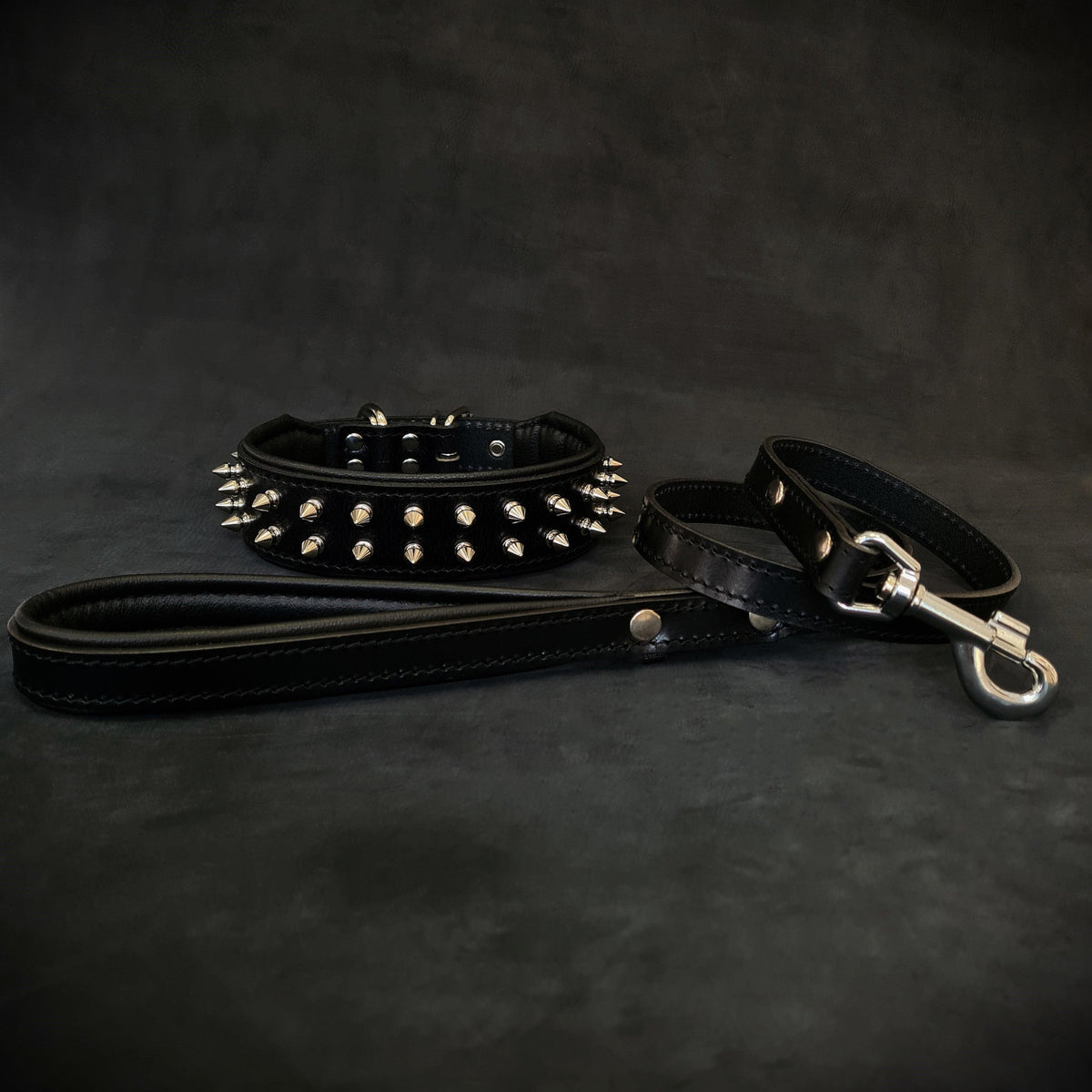 Black Spiked Leather Dog Collar & Leash