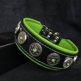 Rhinestone Black and Green Leather Dog Collar