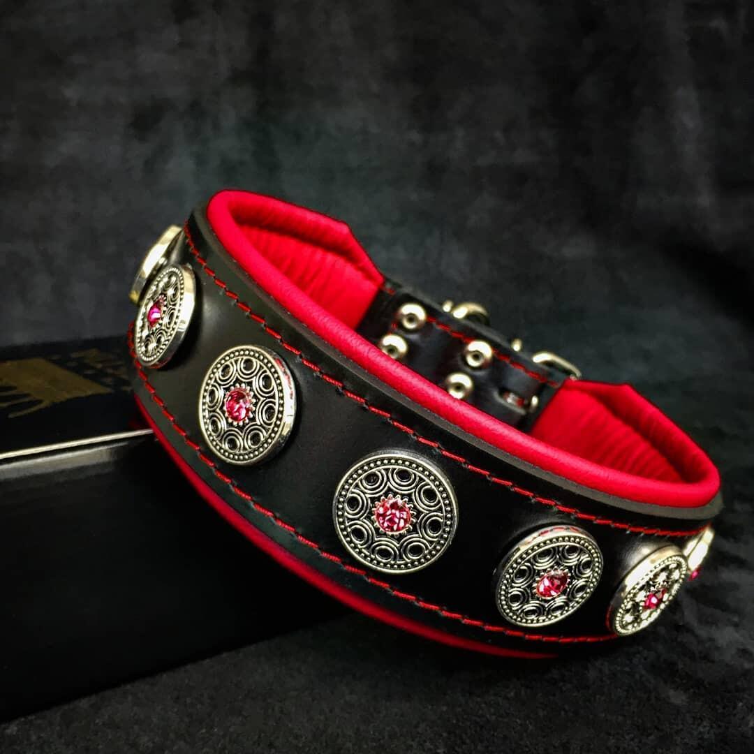 Bijou Black & Red Studded Leather Dog Collar