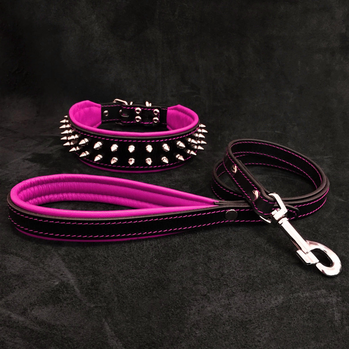 Spiked Pink Leather Dog Collar & Leash